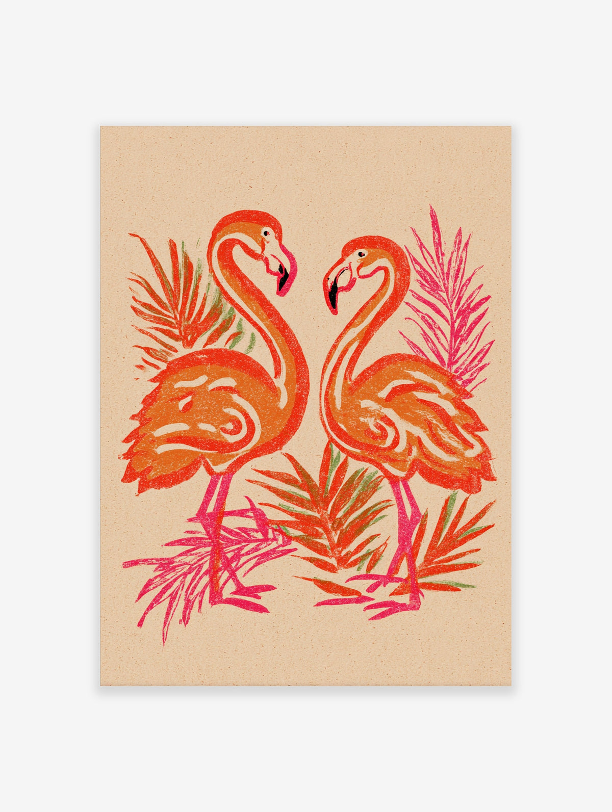 Two pink and orange flamingos facing each other among tropical palm leaves on a beige background