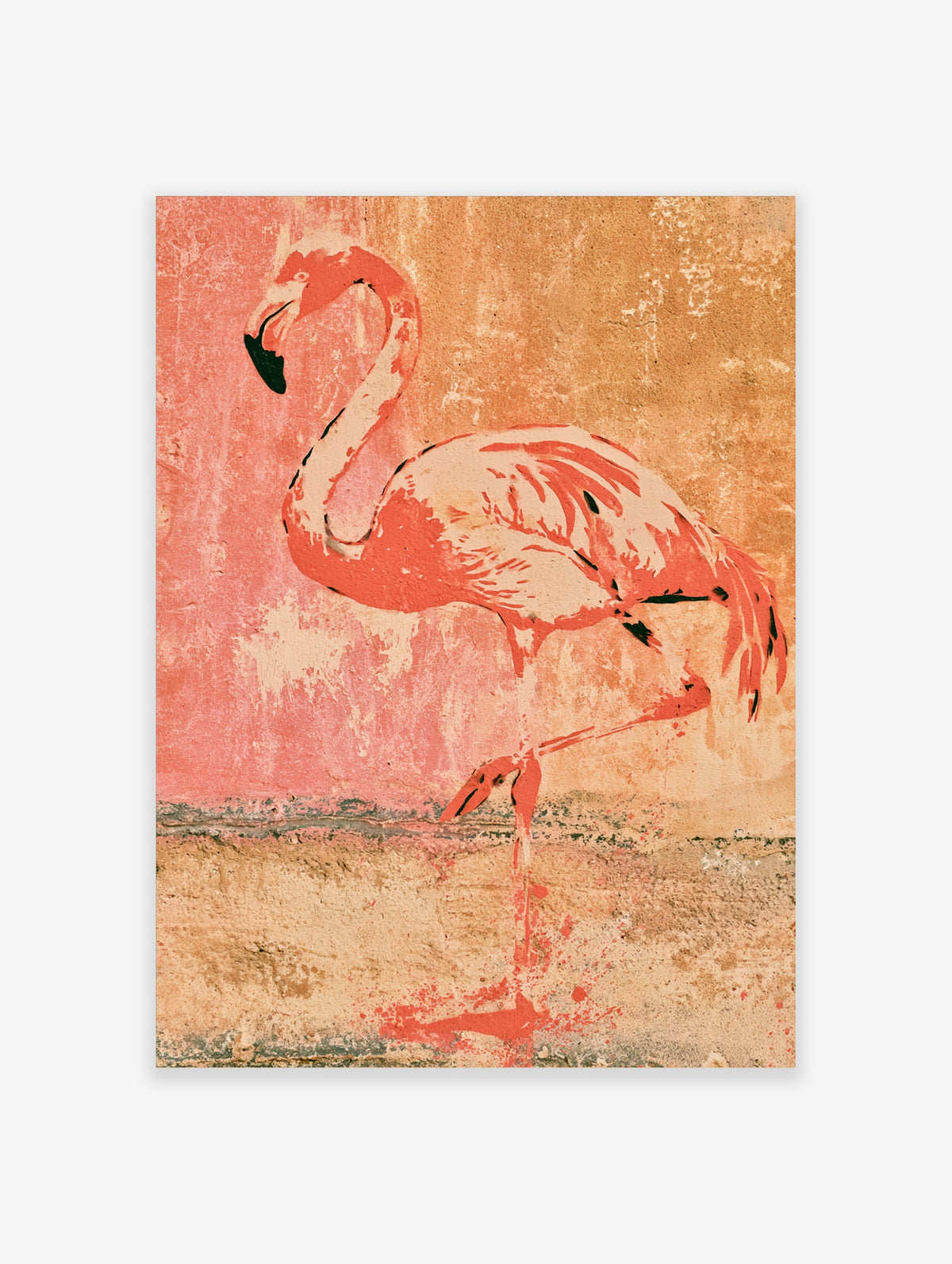 Pink flamingo stencil art print on textured peach and coral background