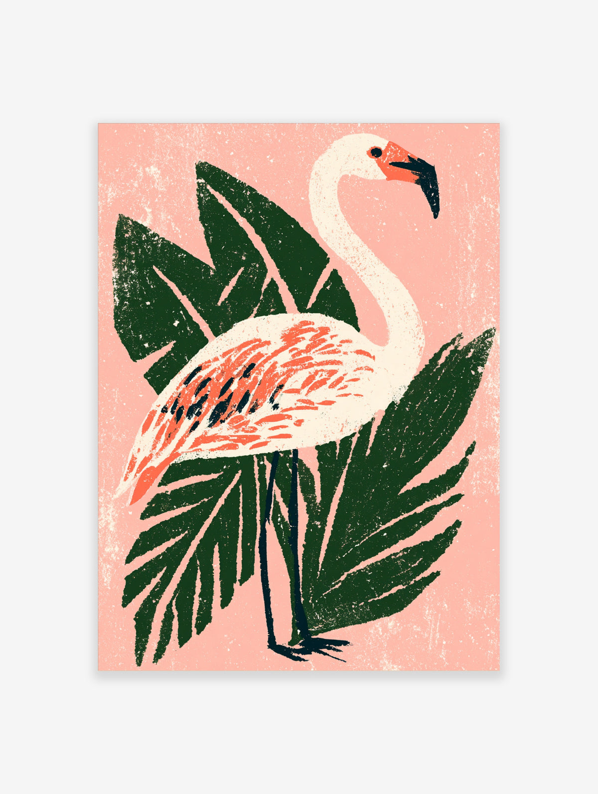 Pink flamingo with coral feathers standing among dark green palm leaves on a blush background art print