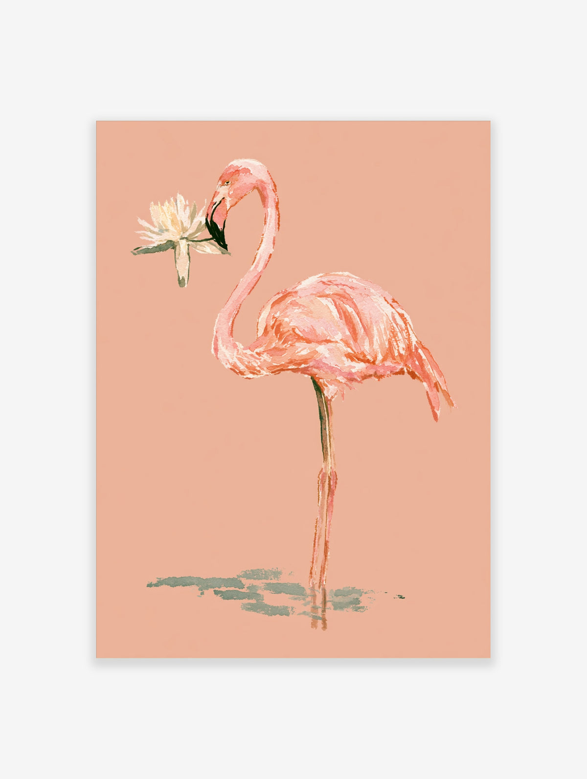 Pink flamingo watercolour art print holding a white water lily on a peach background