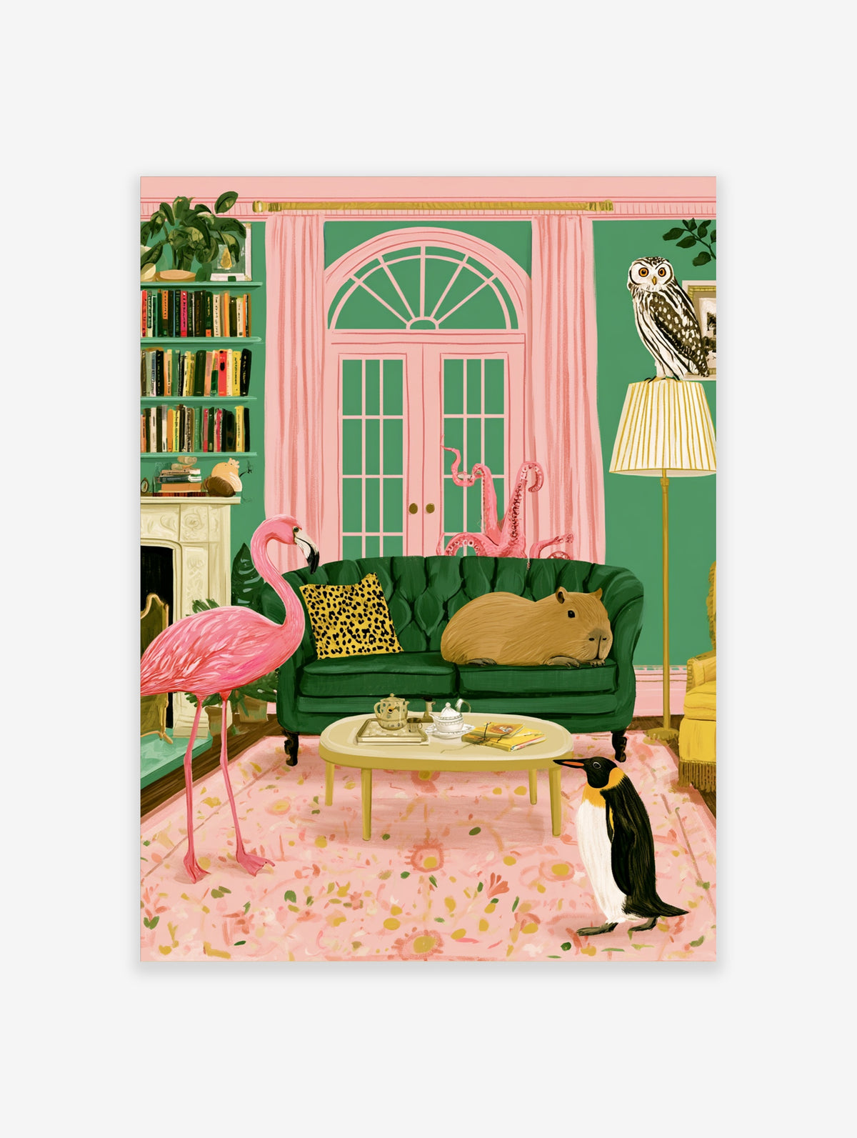 Pink flamingo and capybara on green sofa in colourful animal poster with penguin and owl