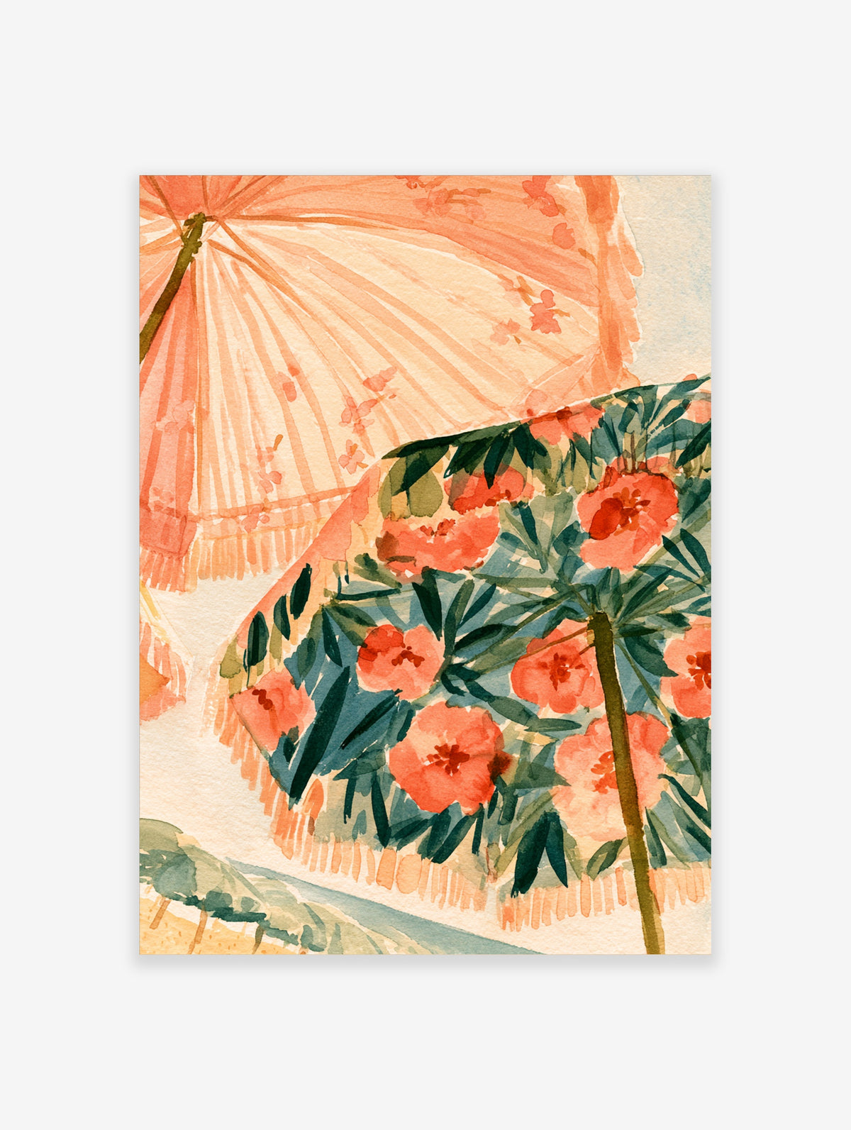 Watercolour beach umbrella poster with pink flowers and green leaves on a pale background