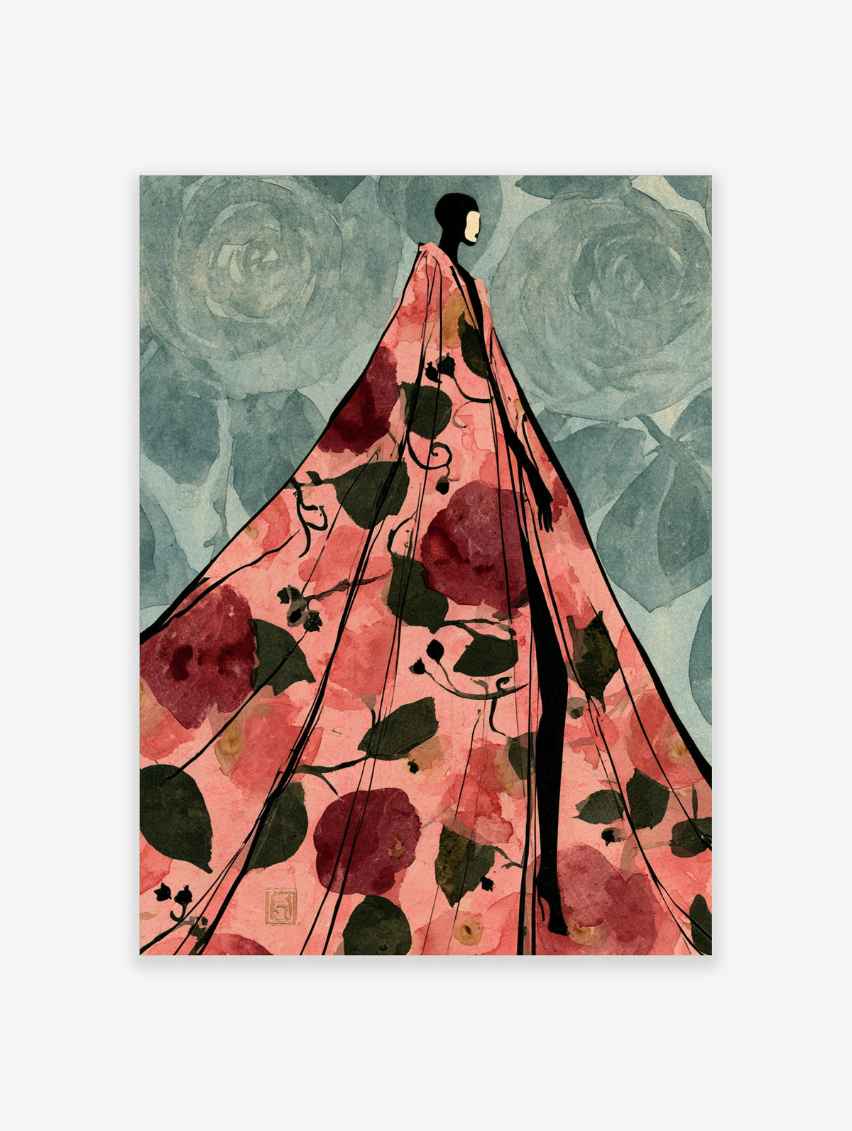 Pink floral cape fashion illustration print with black silhouette figure and teal rose background