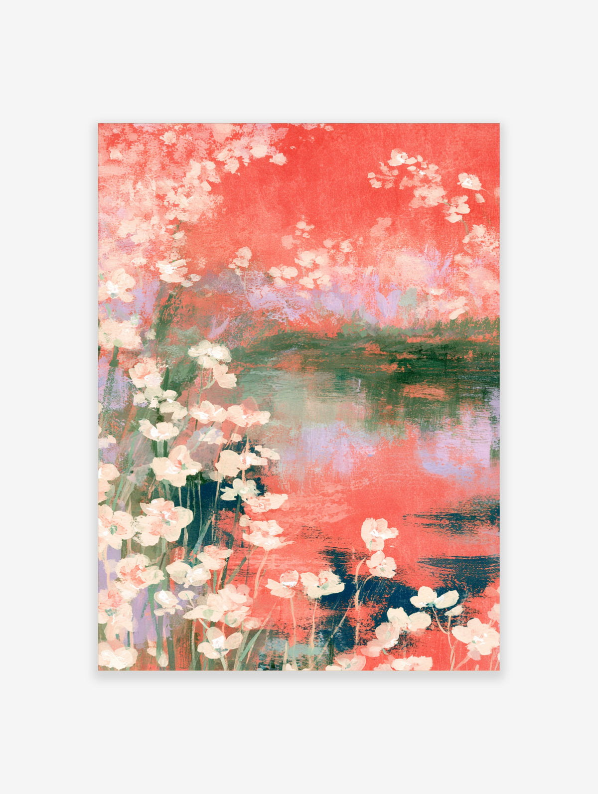 Pink floral lake art print with pale blossoms and green reflections on coral water