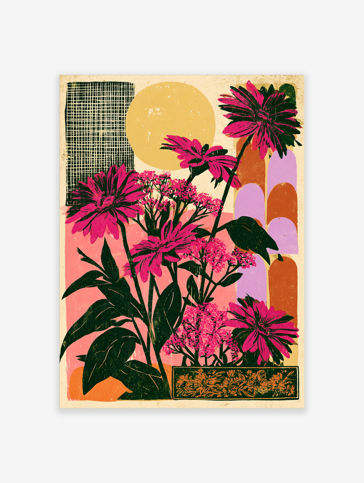 Pink floral poster with magenta blooms, dark leaves, yellow sun, and patterned blocks on a pink background
