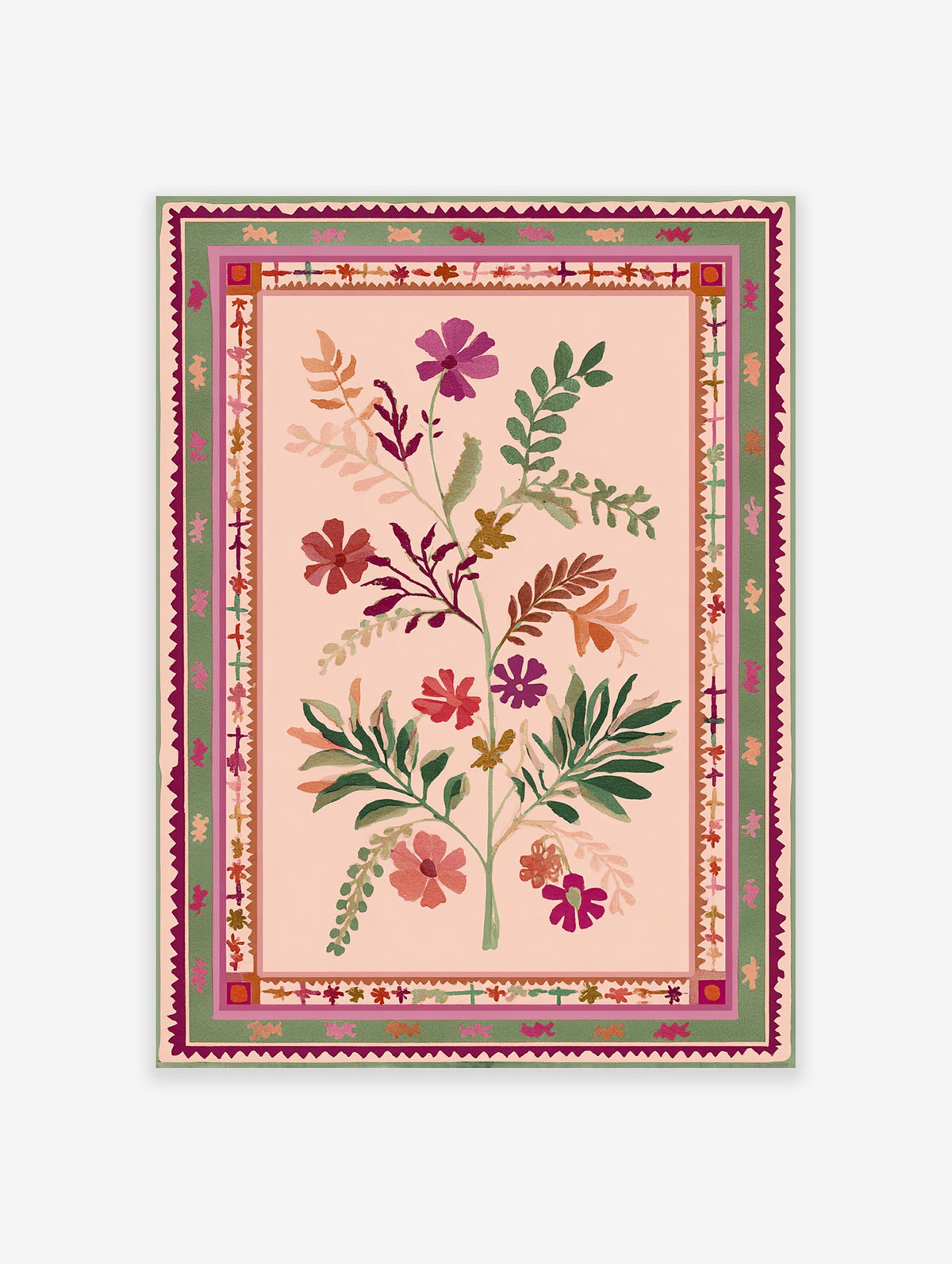 Pink floral poster with green leaves and colorful blossoms in a folk art style, surrounded by a decorative border.