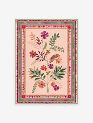Pink floral poster with green leaves and colorful blossoms in a folk art style, surrounded by a decorative border.