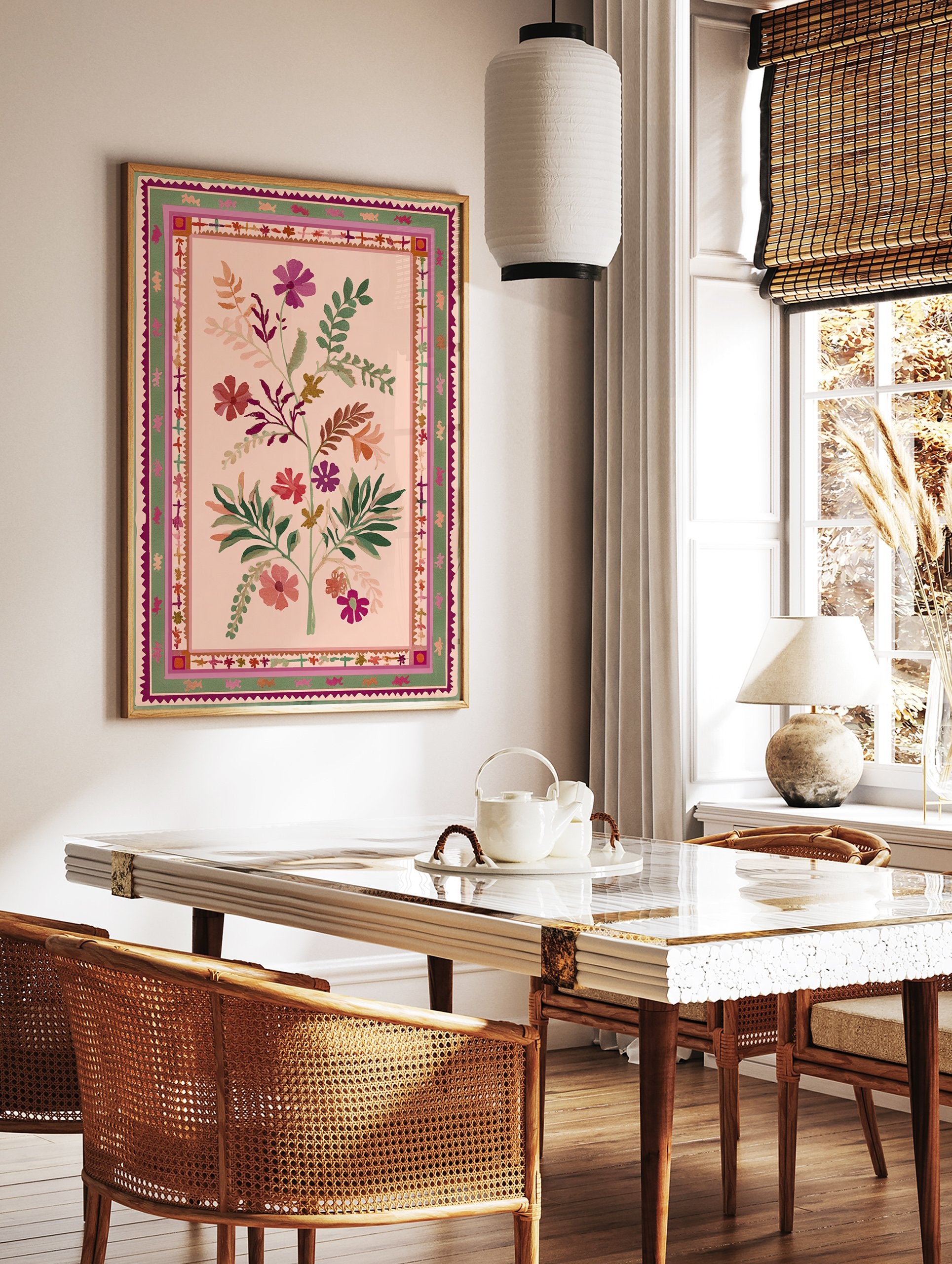 Pink floral poster with green leaves and colorful blossoms in a folk art style, surrounded by a decorative border. - Image 2