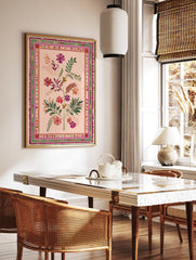 Pink floral poster with green leaves and colorful blossoms in a folk art style, surrounded by a decorative border. - Image 2