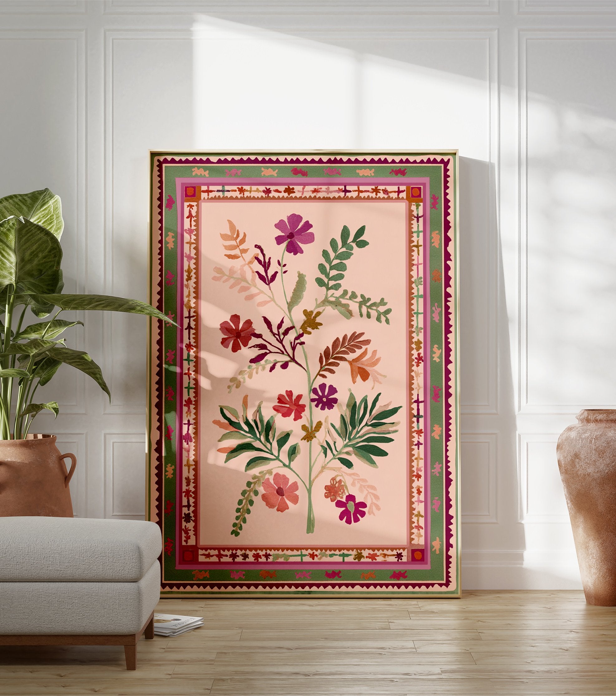 Pink floral poster with green leaves and colorful blossoms in a folk art style, surrounded by a decorative border. - Image 3