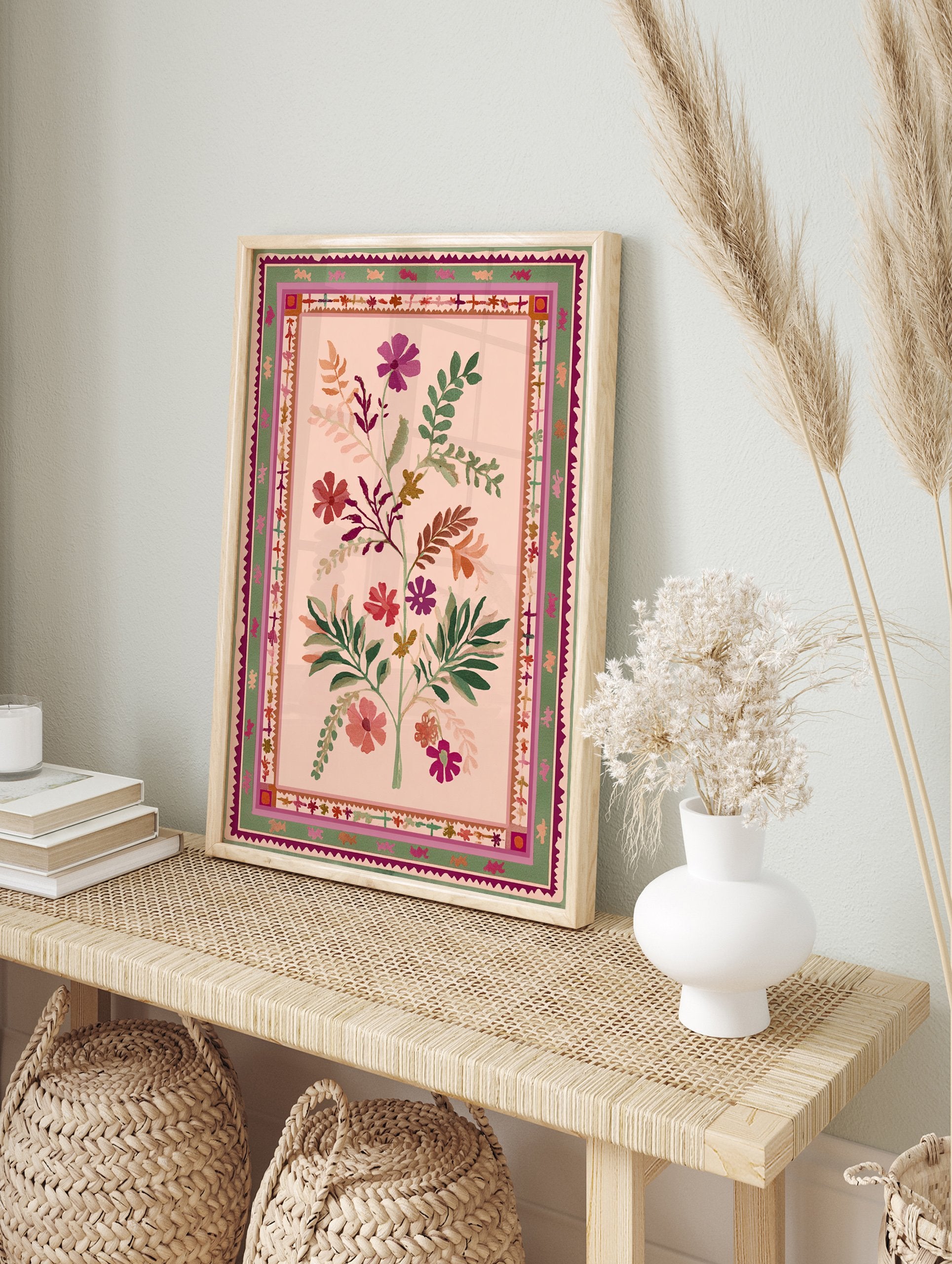 Pink floral poster with green leaves and colorful blossoms in a folk art style, surrounded by a decorative border. - Image 4
