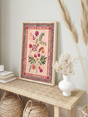 Pink floral poster with green leaves and colorful blossoms in a folk art style, surrounded by a decorative border. - Image 4