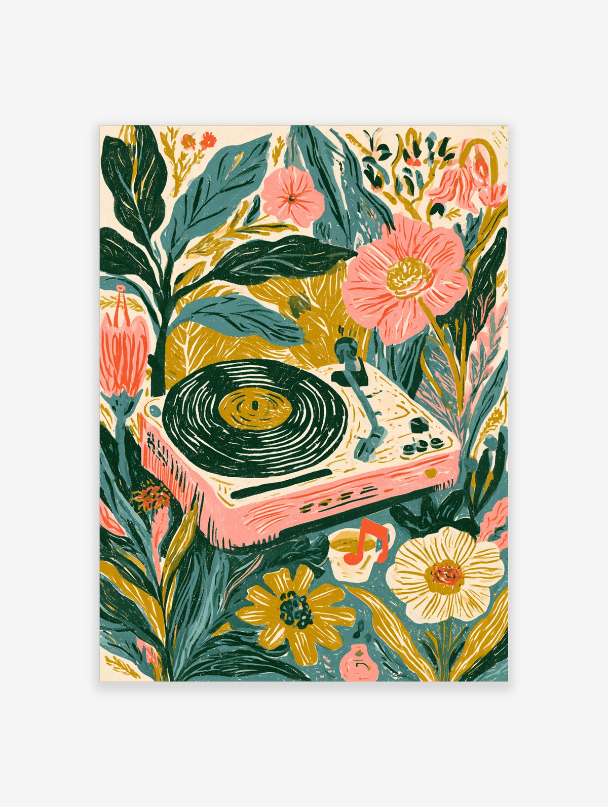 Pink turntable poster with retro record player, teal leaves, coral flowers, and yellow bloom