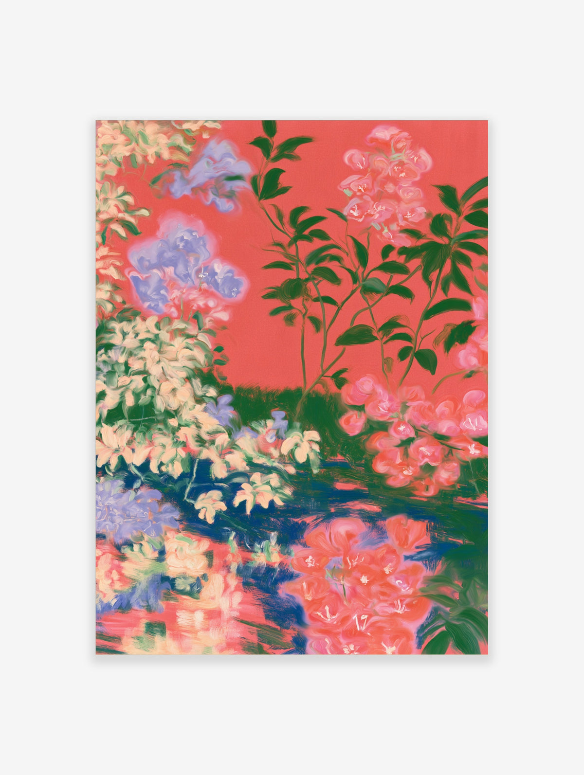 Pink floral botanical art print with green leaves and blue accents on a coral background