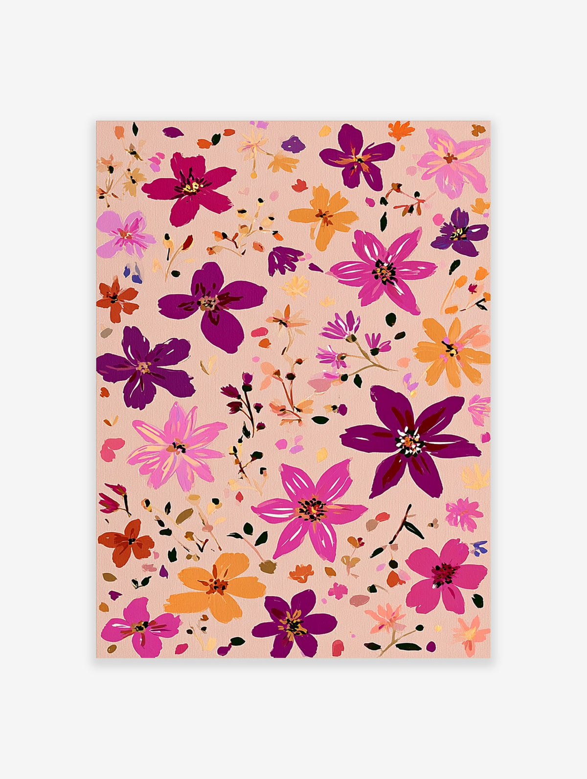 Pink floral poster with magenta, purple and orange hand-painted style flowers on blush background