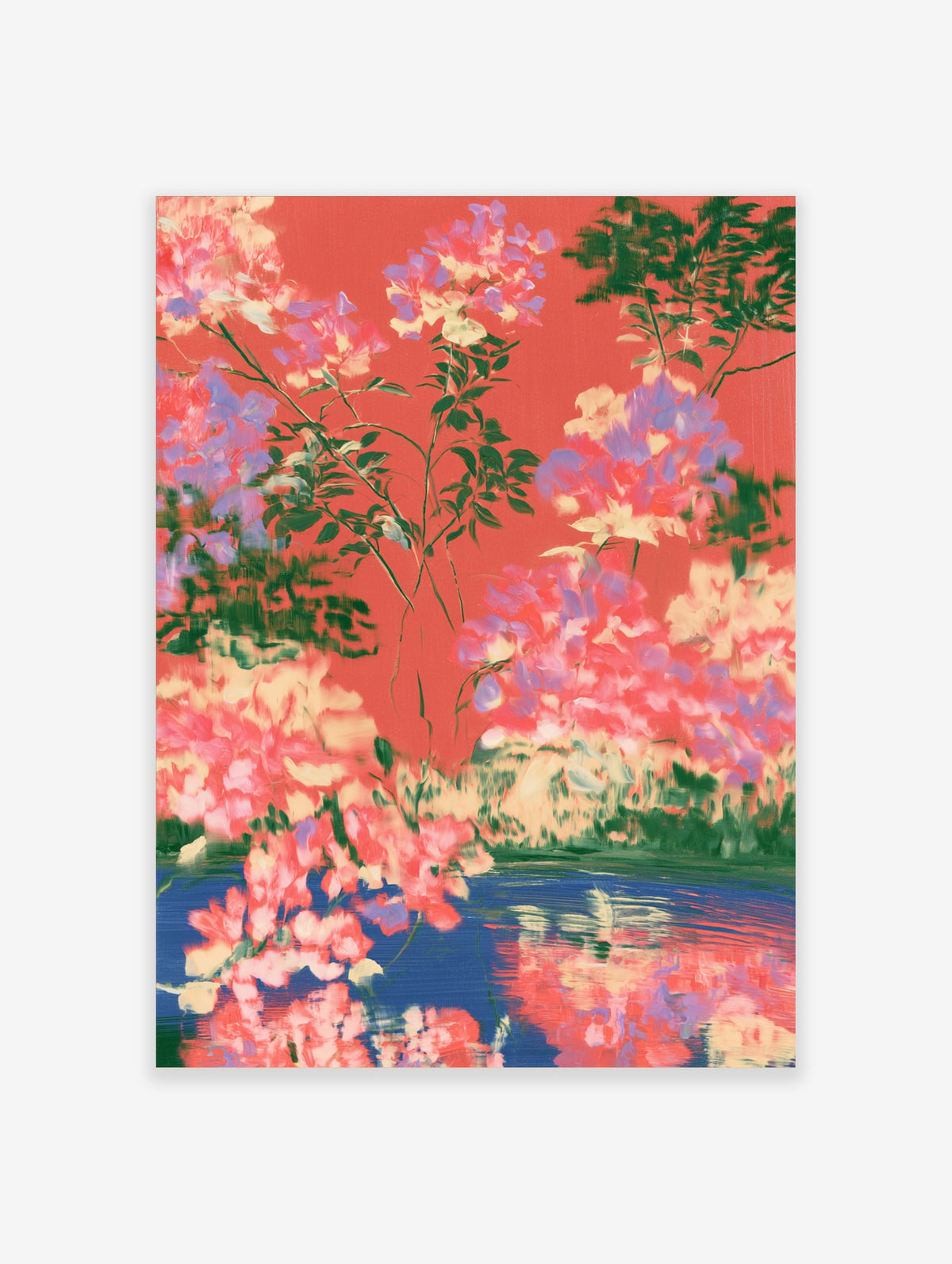 Pink and lilac flowers reflected in blue water against a coral red background, impressionist style