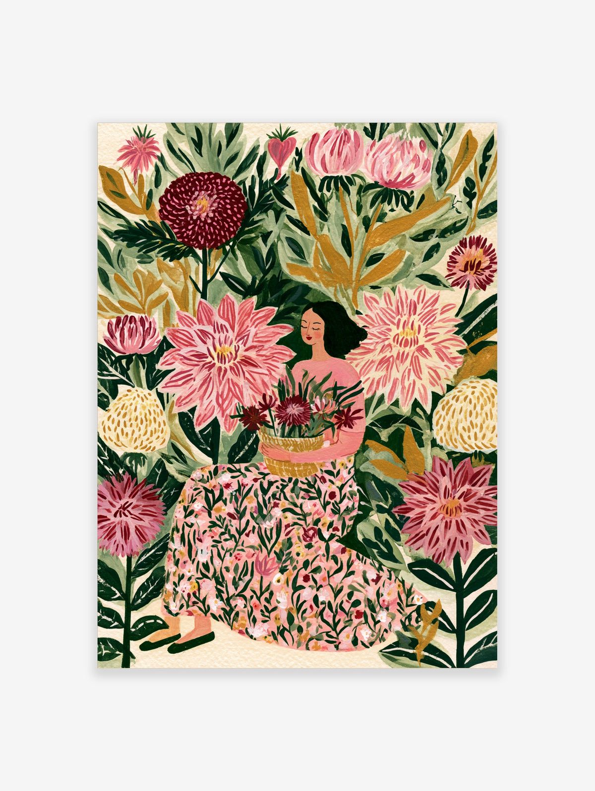 Pink floral woman poster with seated figure holding a basket of dark flowers among large pink dahlias and green leaves
