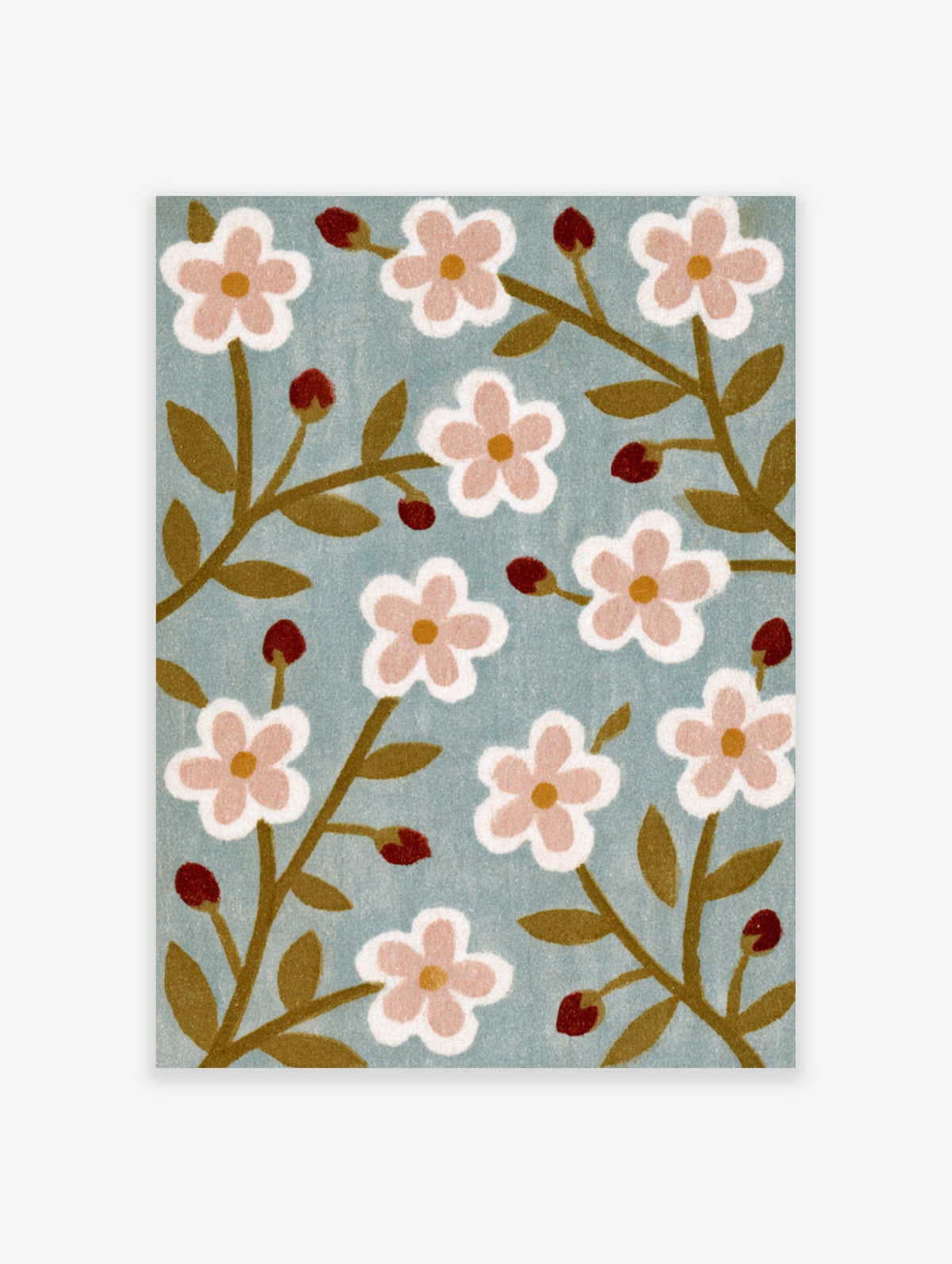 Botanical illustration of pale pink flowers with green leaves and red buds on a blue background, an unframed art print