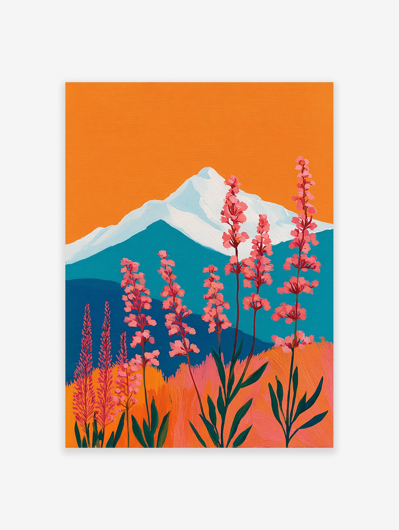 Vibrant pink flower mountain wall art painting with orange sky and blue mountains.