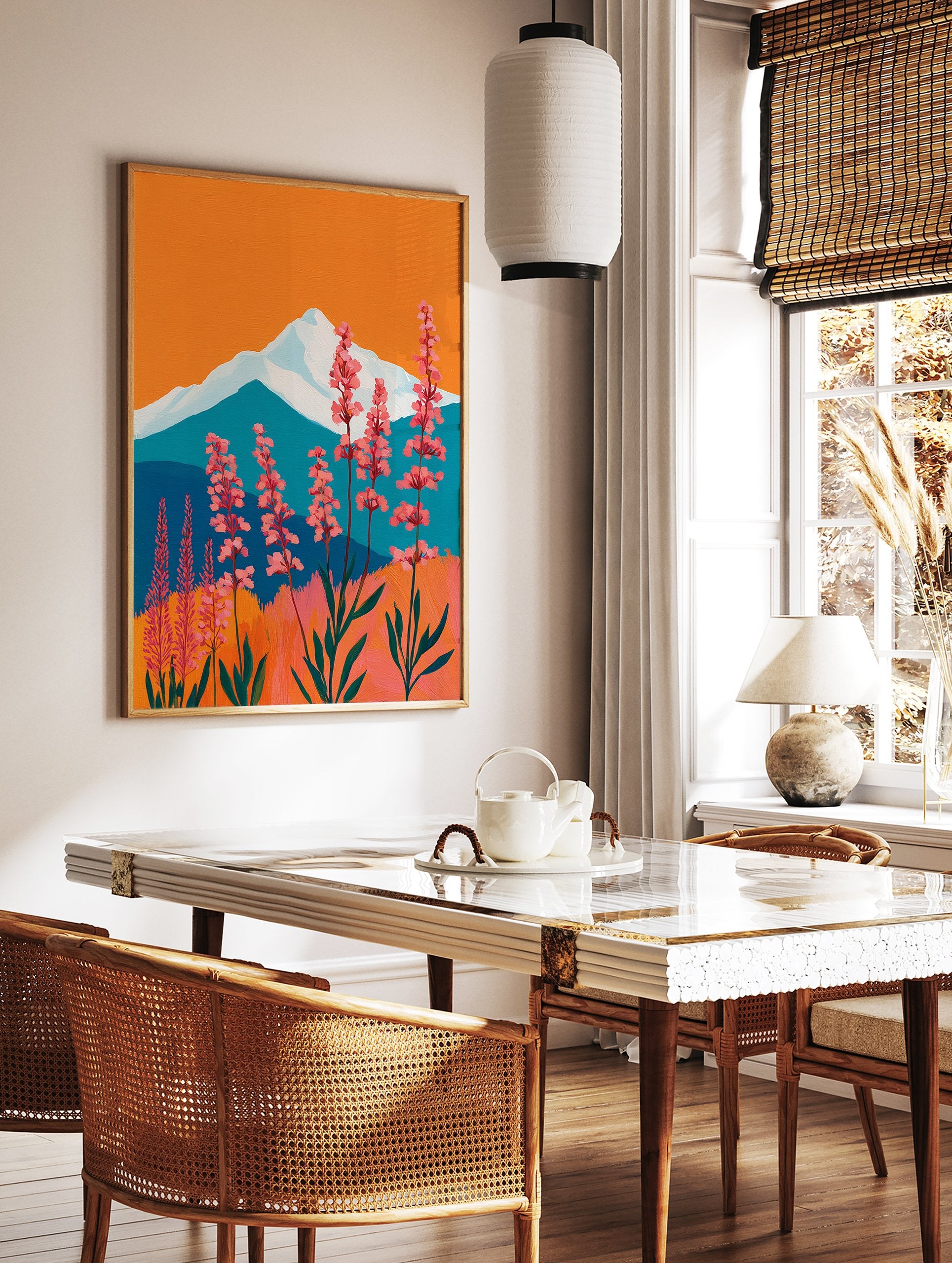 Vibrant pink flower mountain wall art painting with orange sky and blue mountains. - Image 2