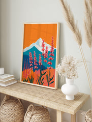 Vibrant pink flower mountain wall art painting with orange sky and blue mountains. - Image 3