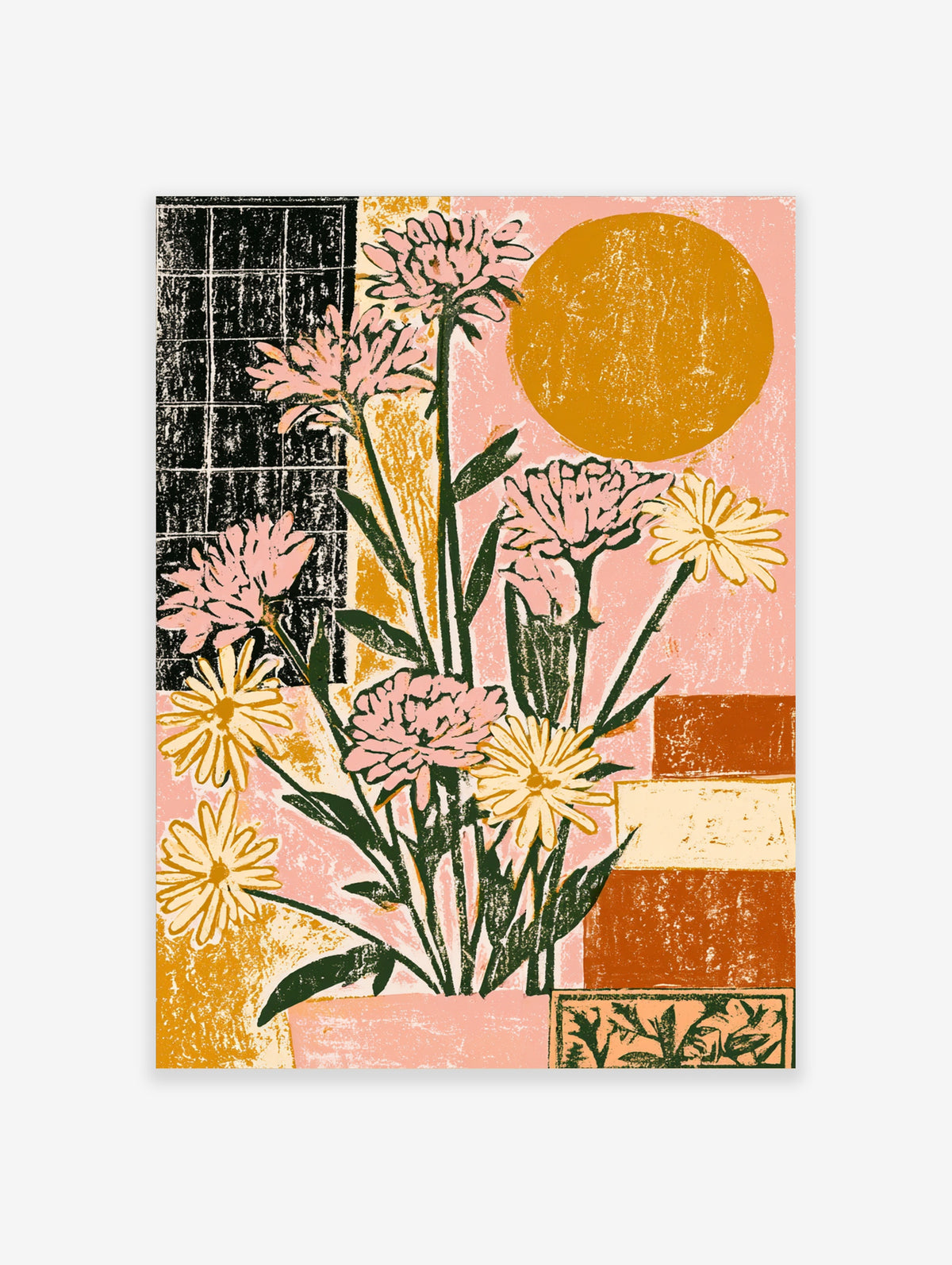 Pink flower poster with stylised blooms, ochre sun, and black grid panel