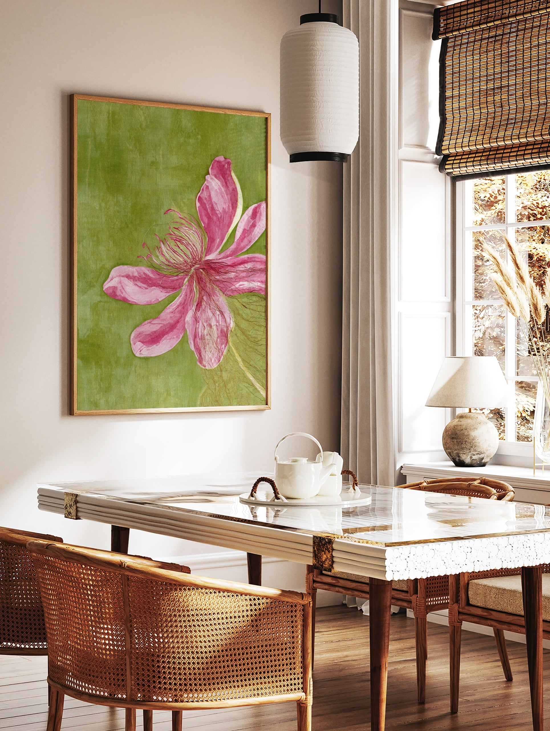 Pink flower botanical illustration with topographical line overlay on a textured green background, in a styled room mockup