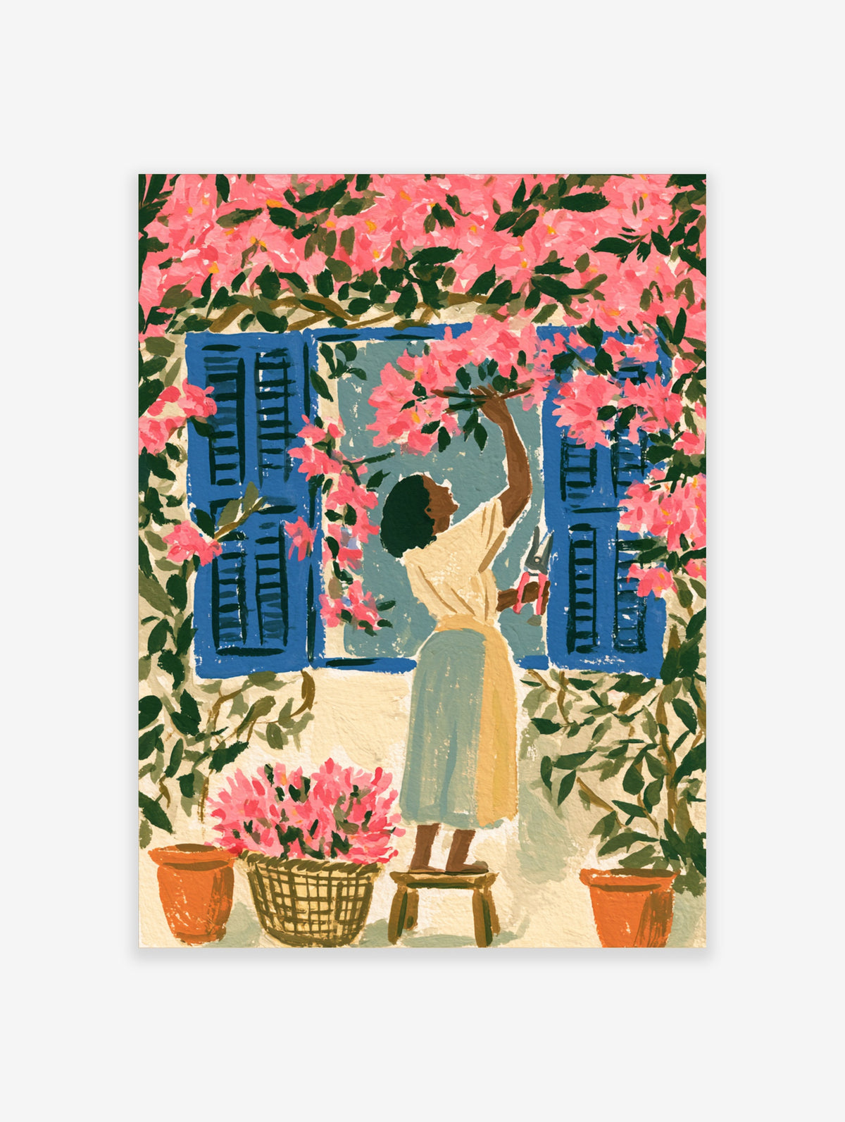 Pink flower window poster with blue shutters, figure pruning blossoms, terracotta pots and basket