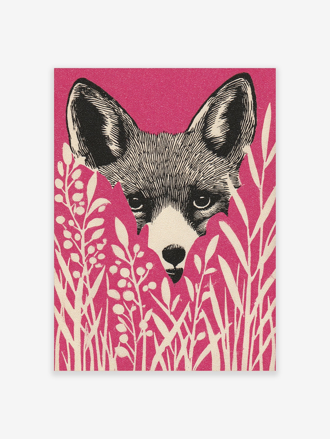 Pink fox wall art with black ink illustration and white botanical foliage on pink background