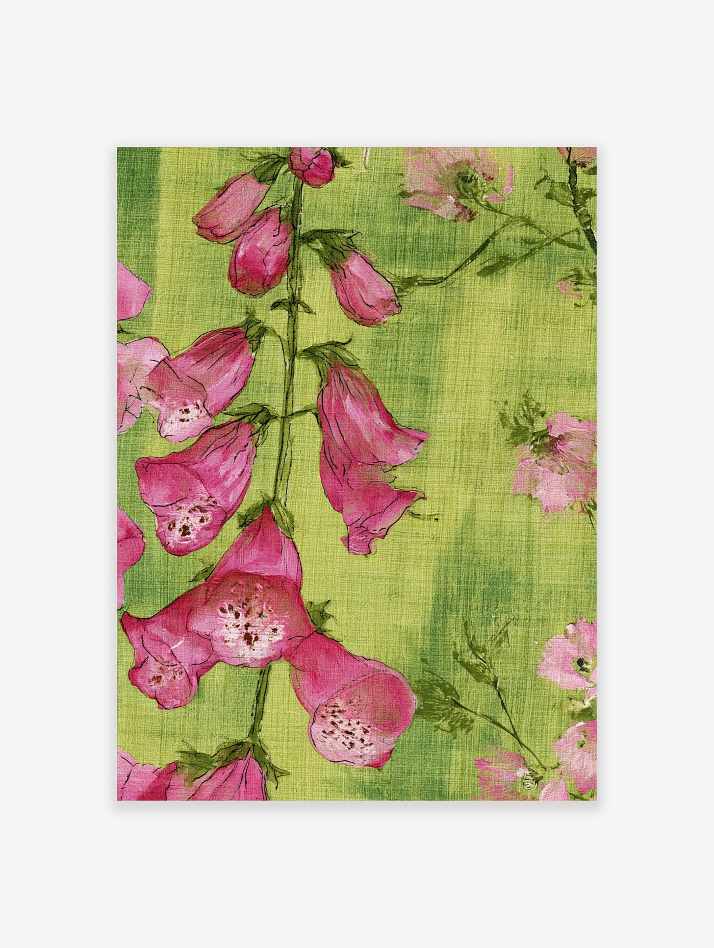 Pink foxglove flowers with green leaves on a textured green background, botanical art print