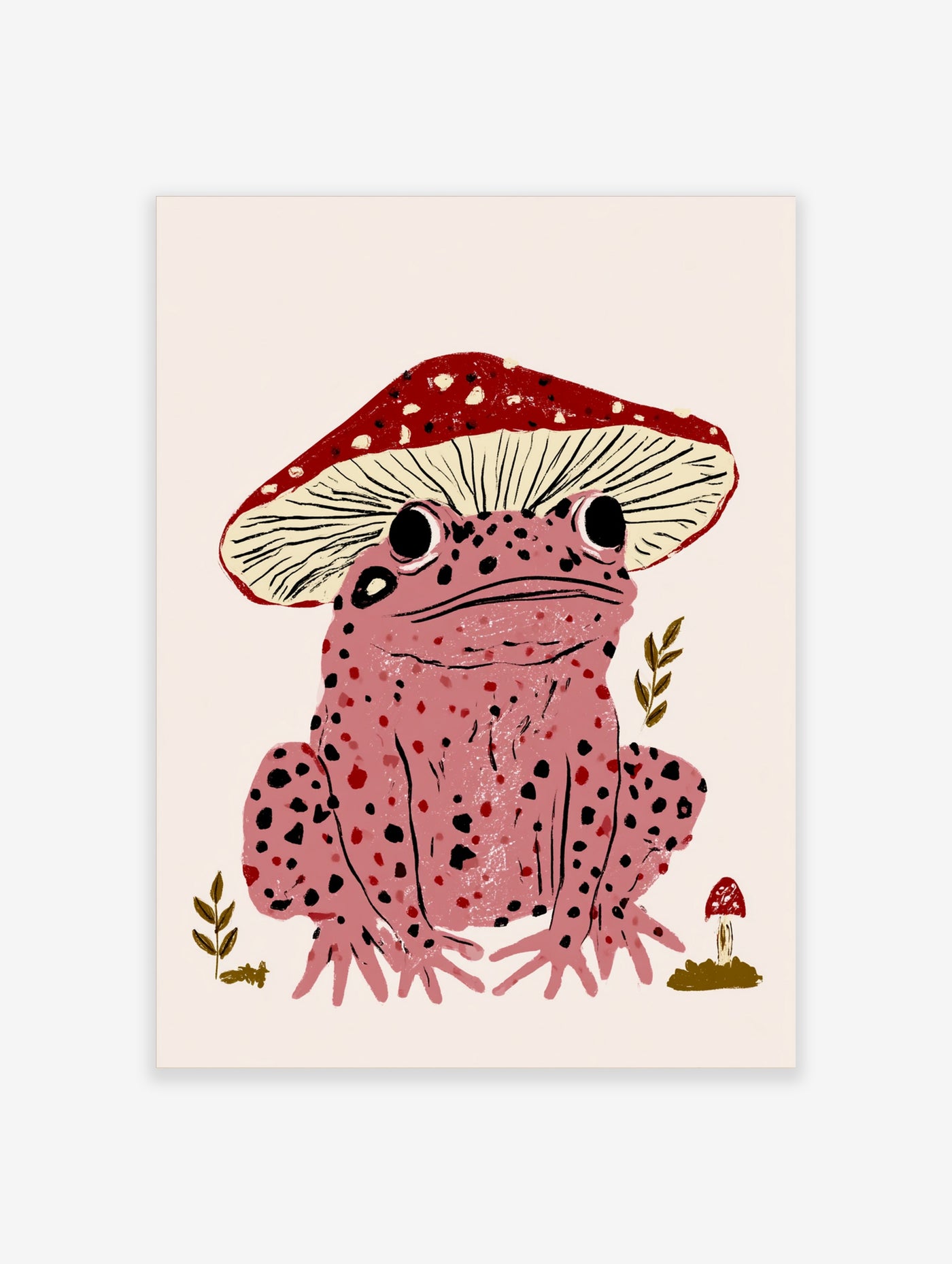 Pink frog with black spots wearing red mushroom cap hat, surrounded by plants and tiny mushroom, on cream background