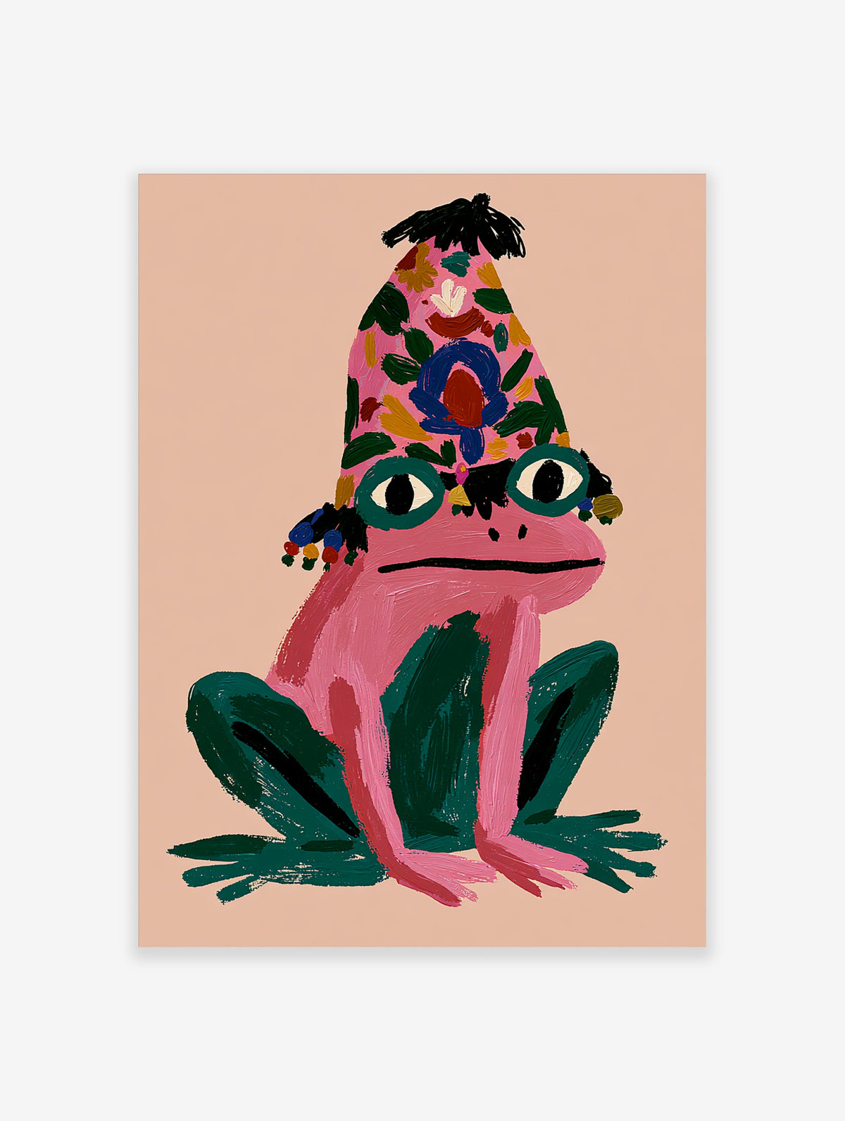Pink frog with patterned hat and green eyes, sitting on beige background, illustration print