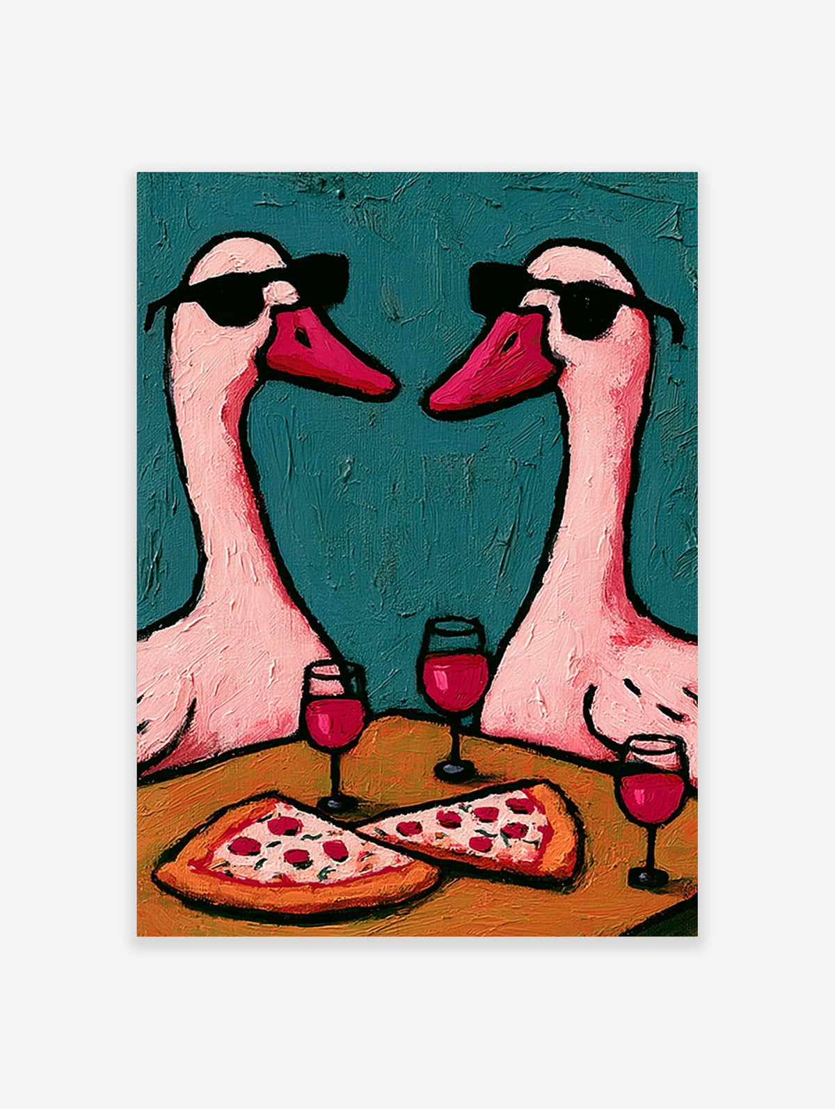 Illustration of two pink geese wearing sunglasses sharing pizza and red wine against a textured teal background