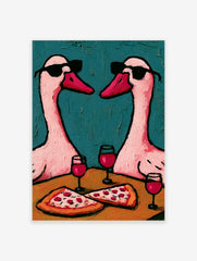 Illustration of two pink geese wearing sunglasses sharing pizza and red wine against a textured teal background