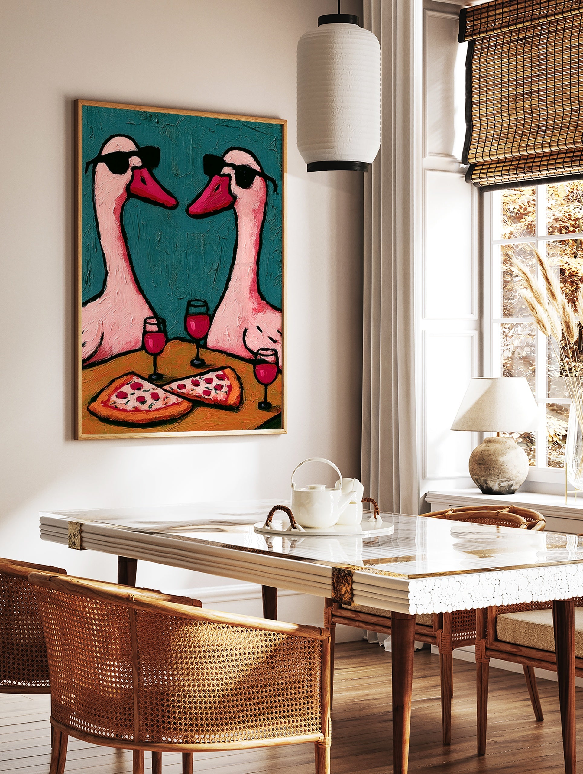 Illustration of two pink geese wearing sunglasses sharing pizza and red wine against a textured, in a styled room mockup