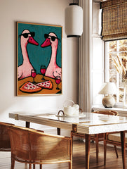 Illustration of two pink geese wearing sunglasses sharing pizza and red wine against a textured, in a styled room mockup