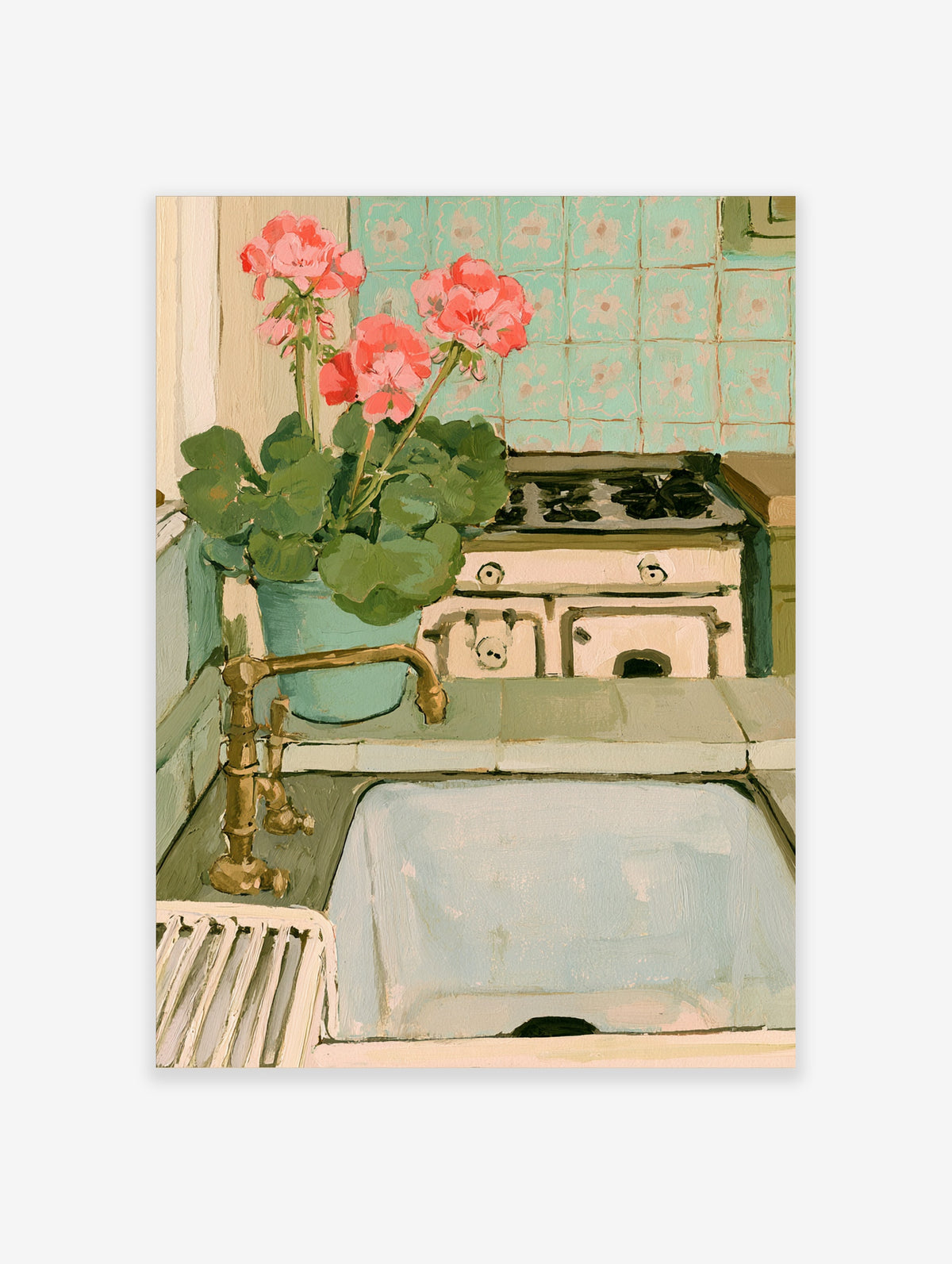 Pink geraniums in a teal pot by a kitchen sink and stove, painterly poster