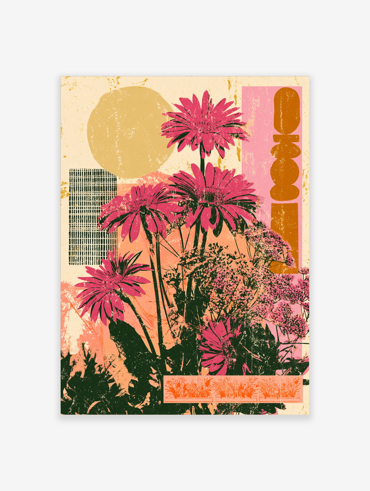 Pink gerbera daisy flower art print with retro geometric shapes and green stems