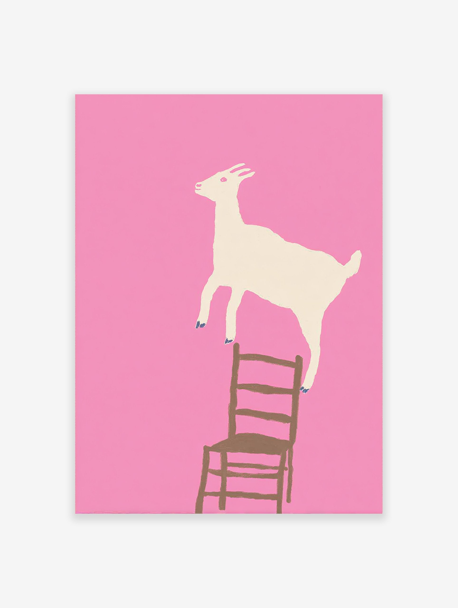 Whimsical pink wall art featuring a white goat standing on a brown chair, rendered in a clean illustration style.