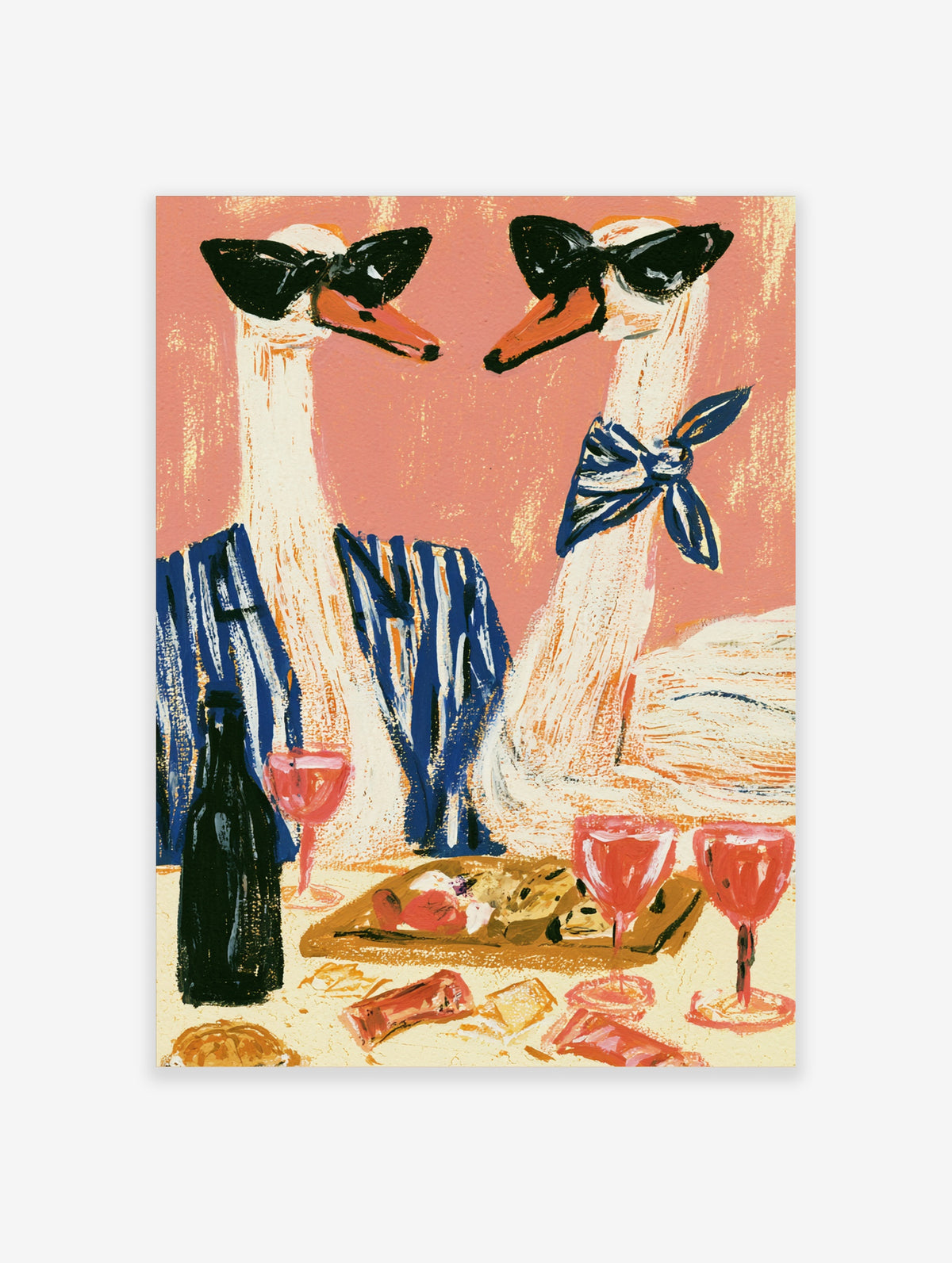 Pink goose poster with two geese in sunglasses, striped shirt and scarf beside wine bottle and glasses
