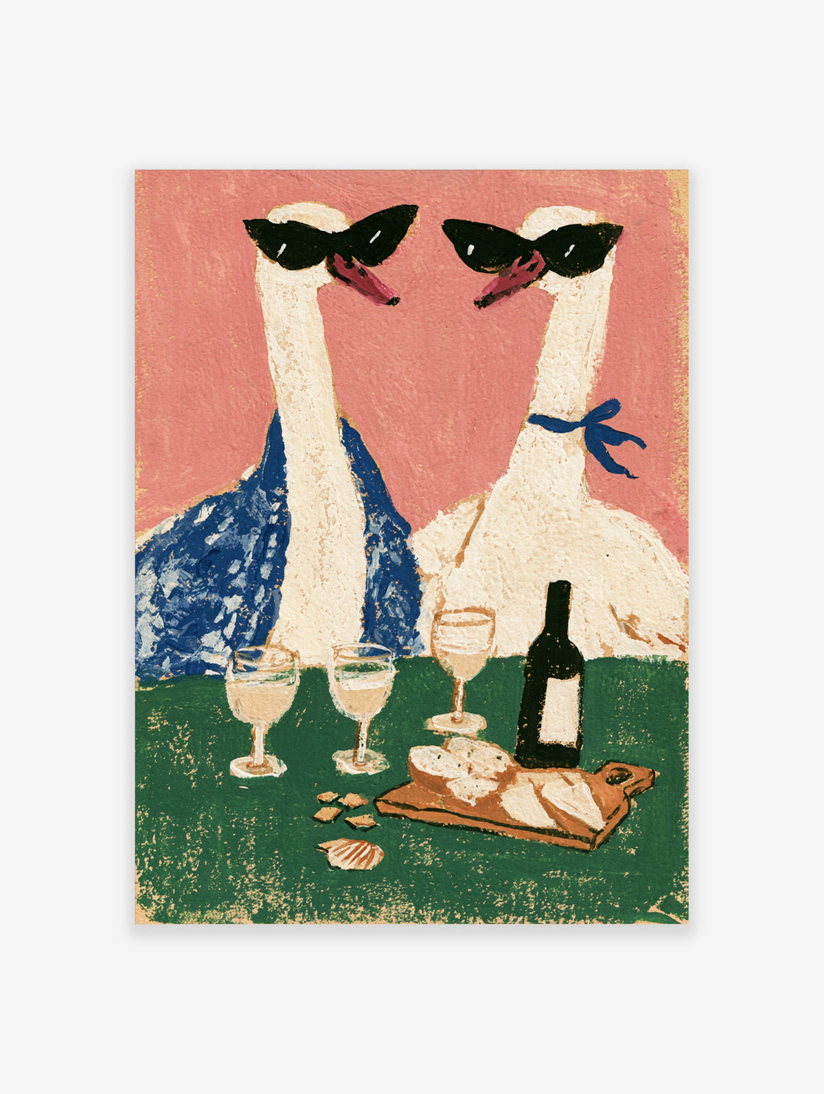 Pink goose poster with two white geese in black sunglasses, blue ribbon, wine glasses and bottle on green table