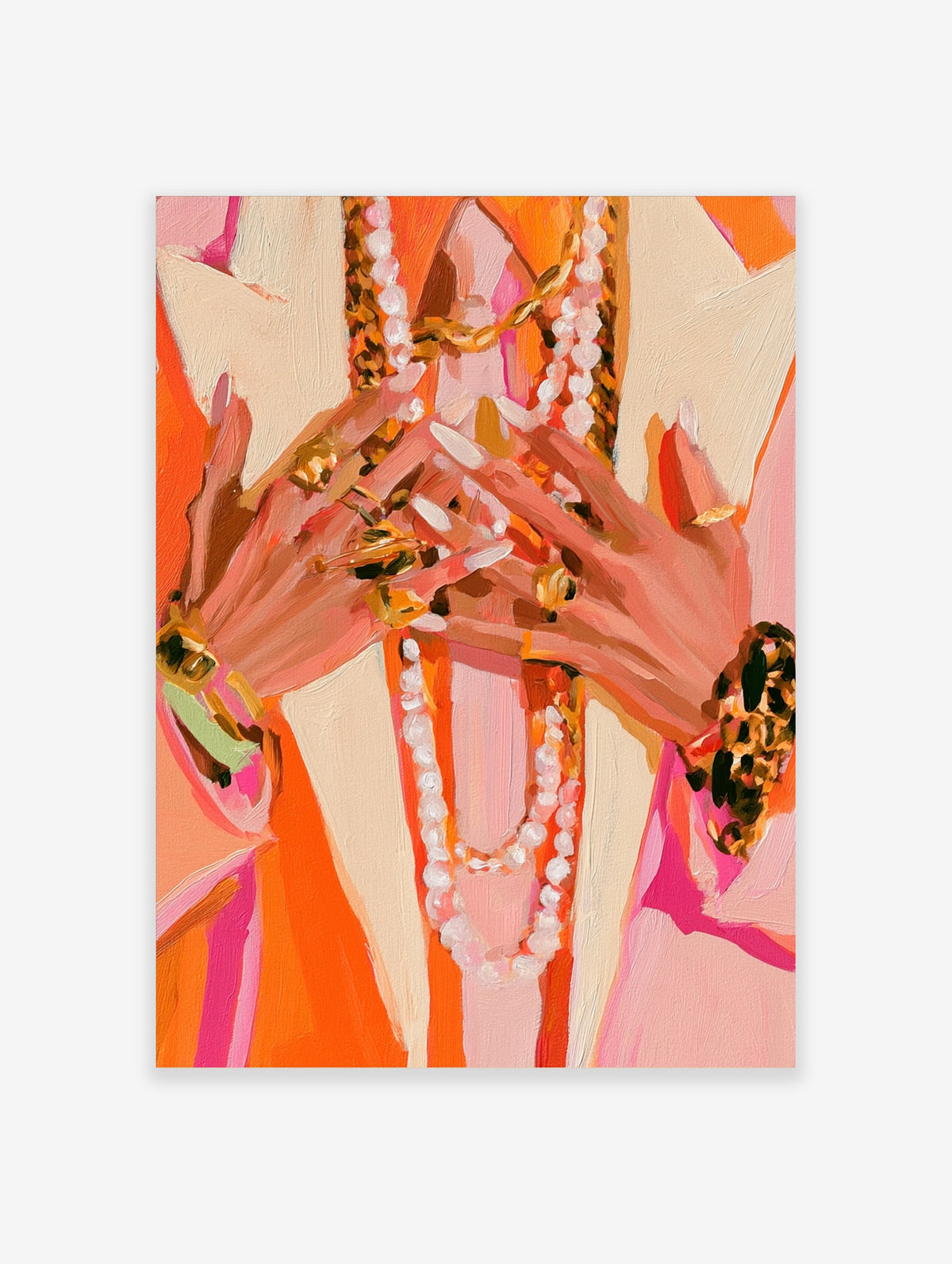 Pink hands with gold rings and pearl necklaces, colourful figurative art print