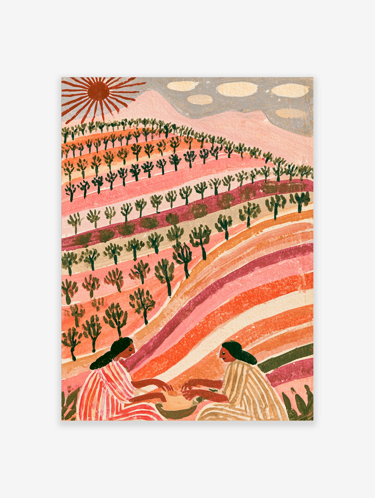Folk art landscape print of two seated figures sharing a bowl among pink and orange striped fields with a red sun