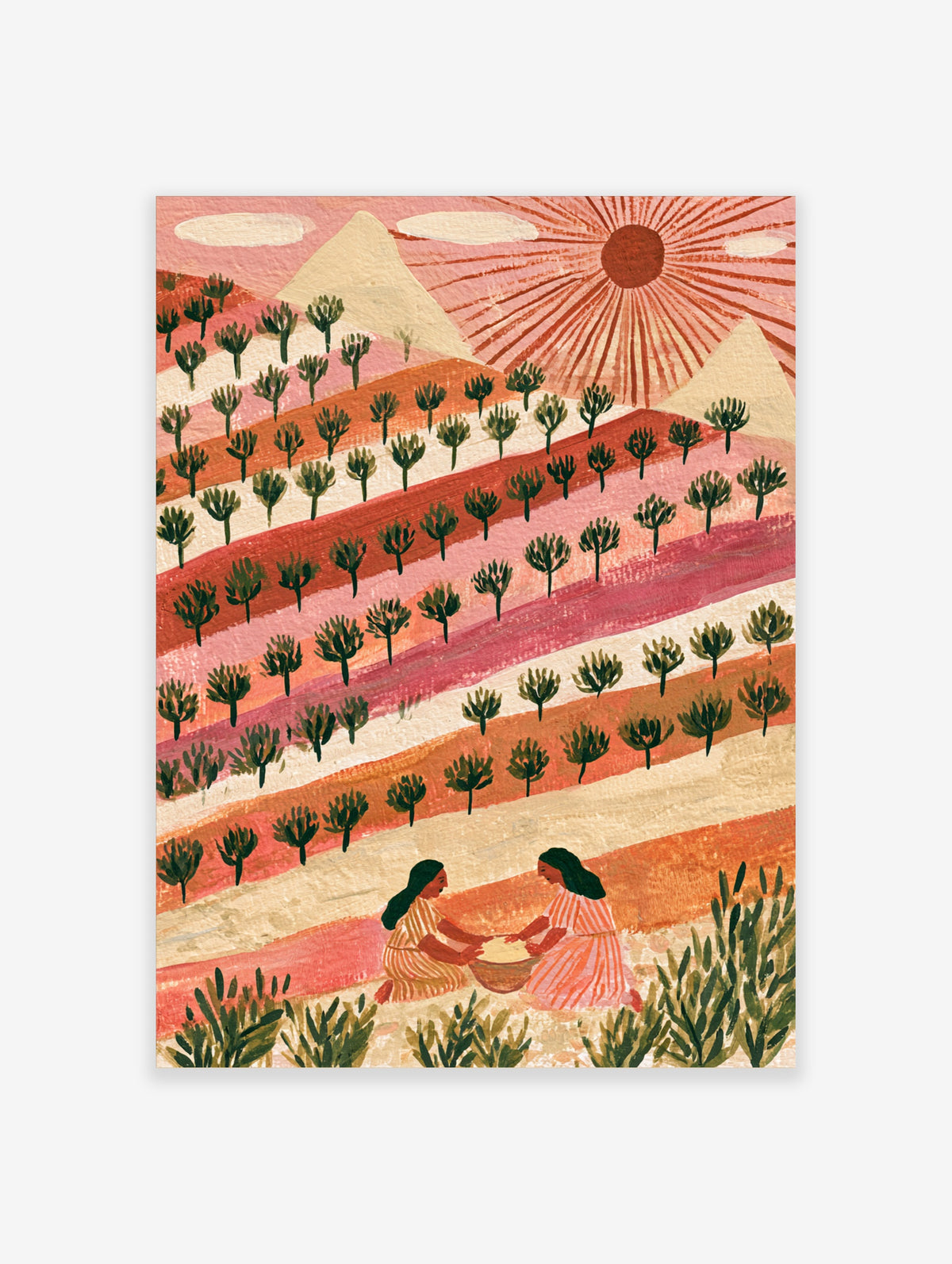 Folk art print of two figures sharing a bowl in pink striped fields with green trees and a radiating sun