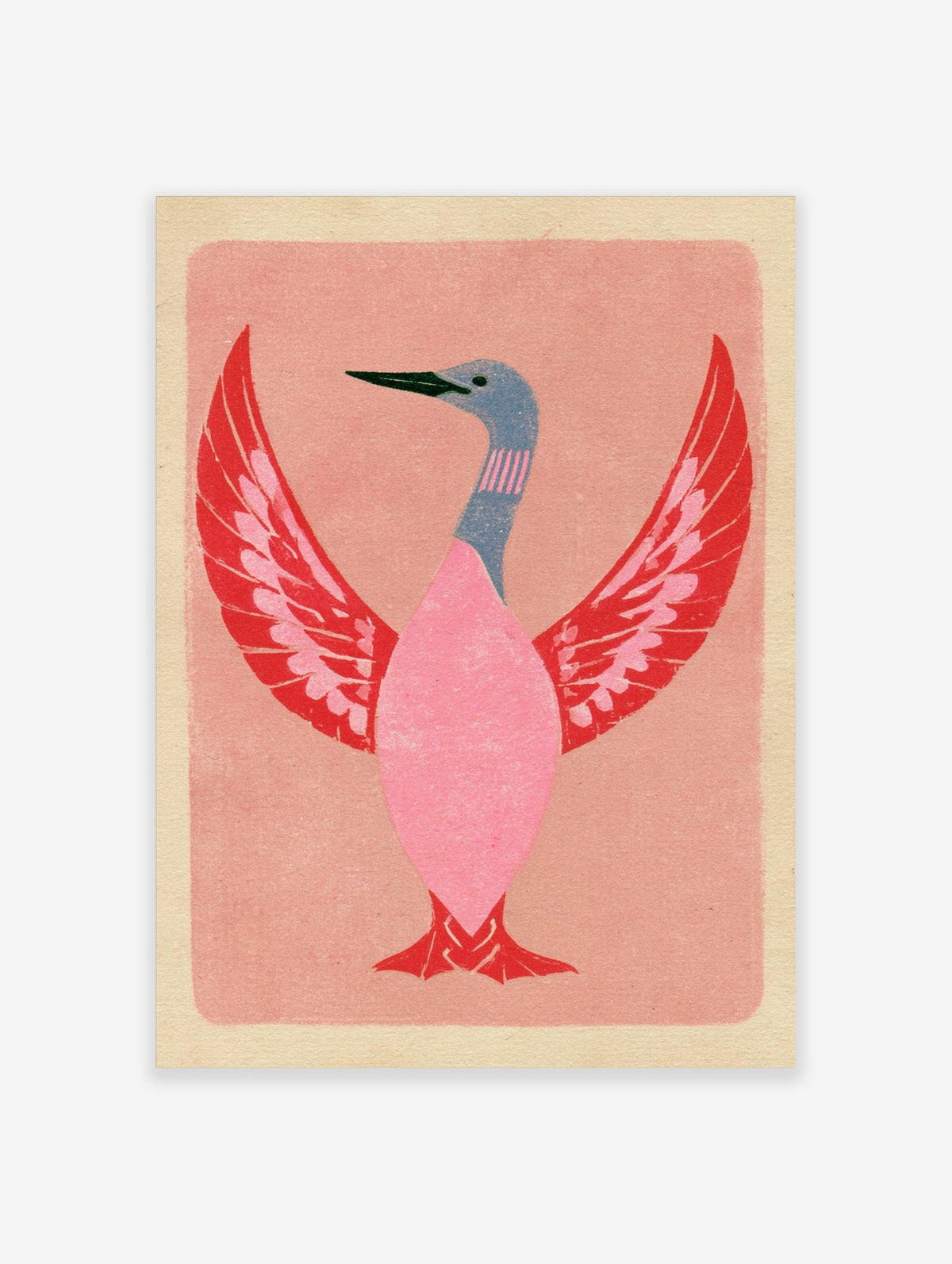 Pink heron art print with blue neck, red wings and coral background