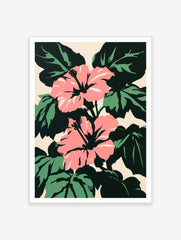 Pink hibiscus flowers with dark green leaves on a light beige background in a bold graphic illustration style