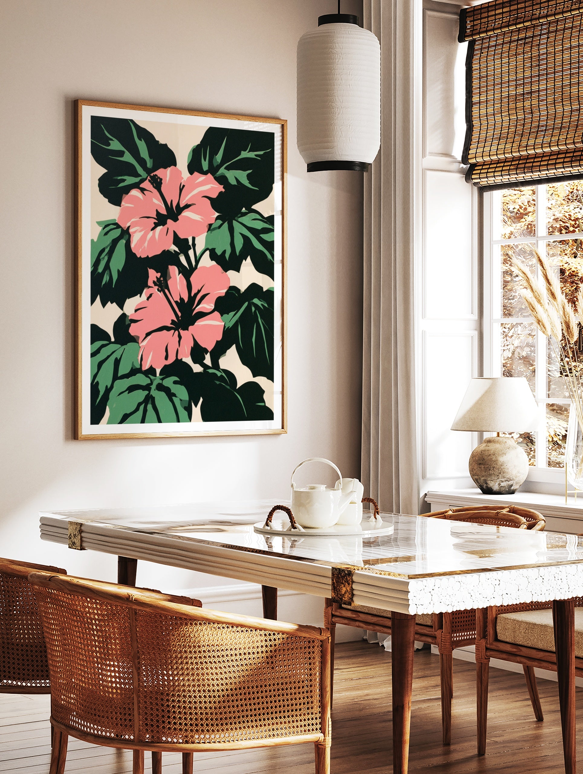 Pink hibiscus flowers with dark green leaves on a light beige background in a bold graphic, in a styled room mockup