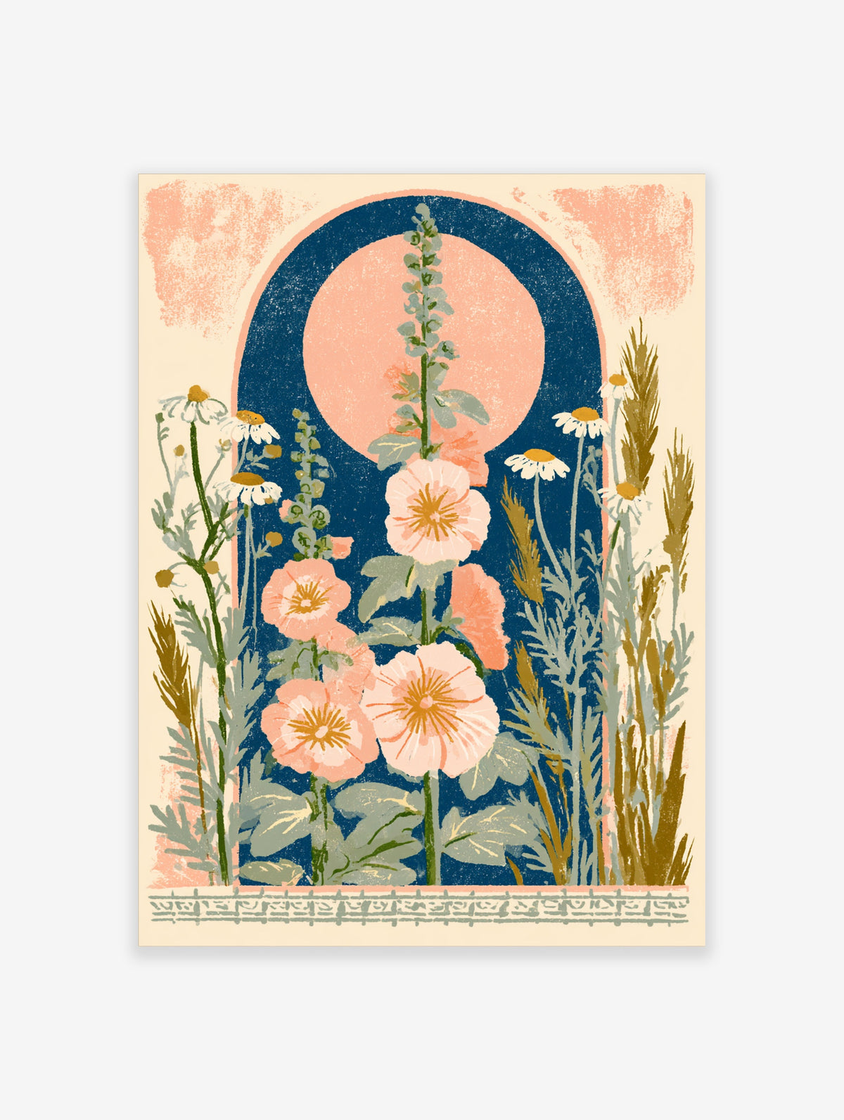 Pink hollyhock flower poster with peach sun, navy arch, daisies and grasses on cream background