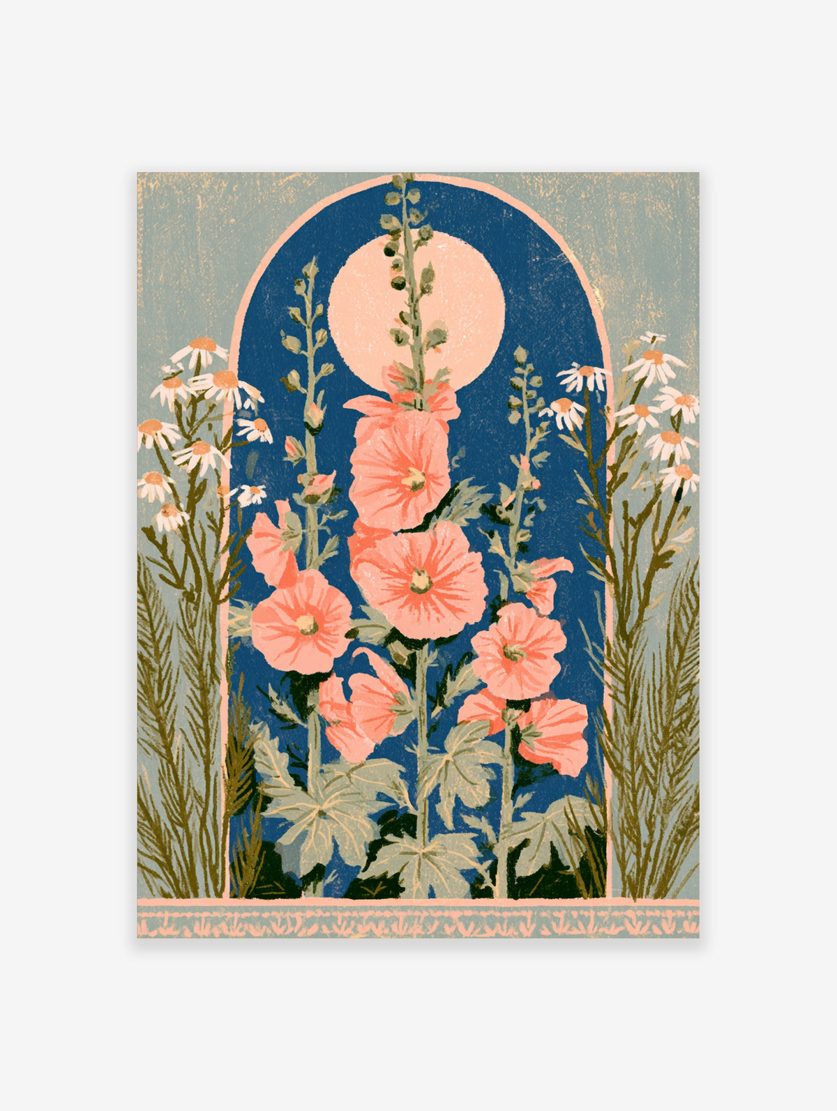 Pink hollyhock and daisy flowers with a full moon on a blue arched background art print