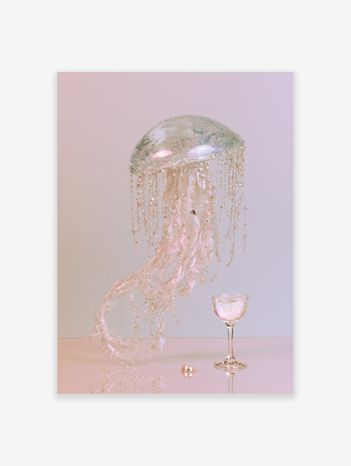 Pink jellyfish wall art print with glass dome, pearl strands, and wine glass on pink background